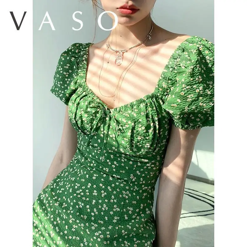 

Elegant Vintage Temperament Floral Print Dress Summer Women V-neck Fashion Holiday Beachwear Short Sleeve A-line Skirt Green