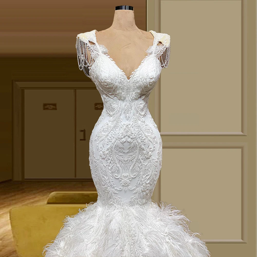 

luxury Tassels Feathers Mermaid robes de mariee Wedding Dress for Bride vestido de noiva romntico 2020 alta calidad FOW32906