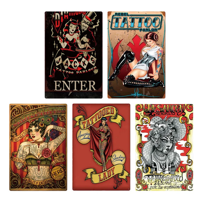 Татуировка Металлический плакат Знак Декор Тату-шоп Декоративный Тотем Железная плита Стена Святилище Шик Жестяной на.
