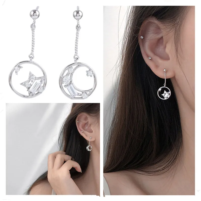 

New Fashion Lady Silver Plated Earring For Women Jewelry Charm Crystal Star Moon Drop Earring Lady Accessorie Lady Anniversary
