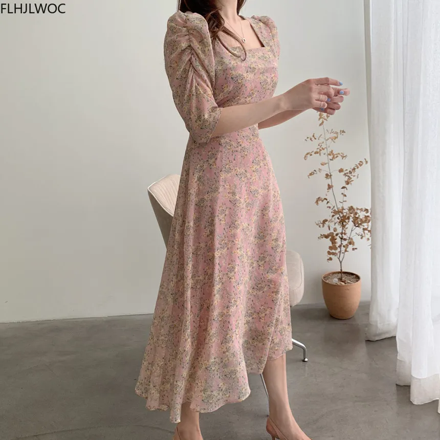 Korean Chic Dress Elegant Office Lady Temperament New 2020 Floral Print Square Collar A Line Retro Vintage Green Vestidos | Женская