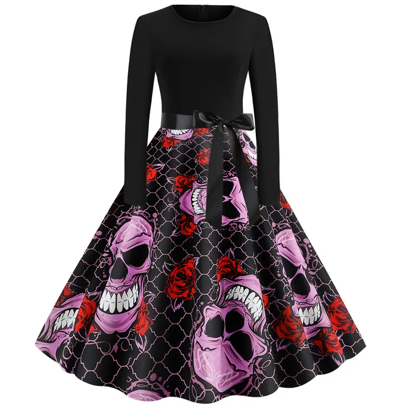 

Vintage Dress Women Halloween Dress Long Sleeve O-neck Big Swing Party Dress Halloween Printed Bow Robe Dress Women Vestidos