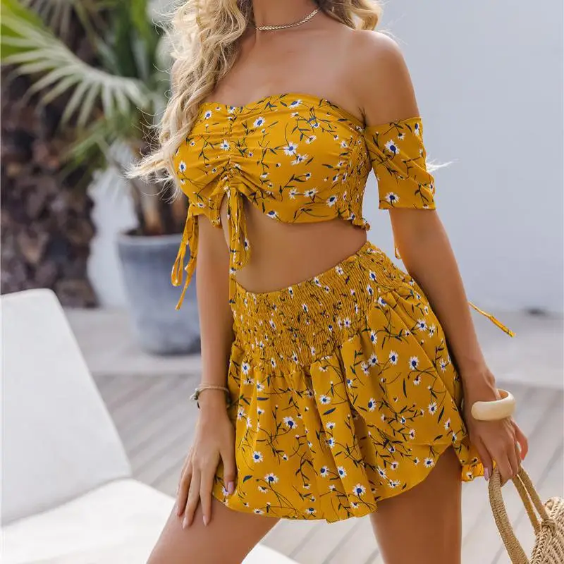 

Women's Fashion Strapless Top Shorts Suit Sexy Print Summer Yellow New Two-piece Set