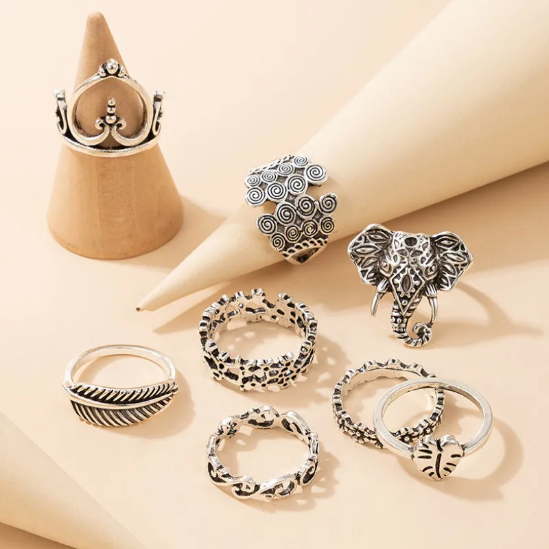 

Retro Style Leaf Heart Elephant Rings 8 Pcs/set Opening Finger Accessories Knuckle Joint Ring for Women Jewelry