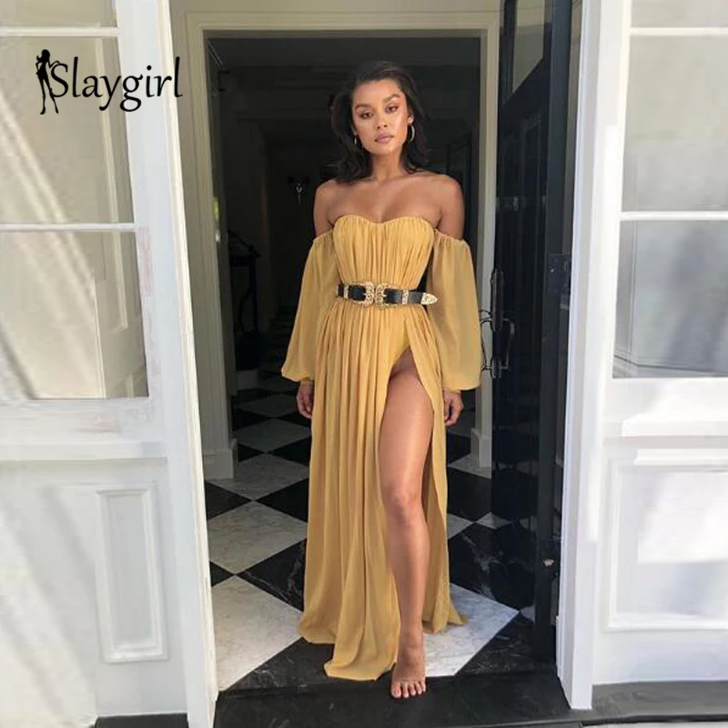 Slaygirl, летние, Осенние, длинные, макси платья, женские, с открытыми плечами, с длинным рукавом, сексуальные, Клубные, без бретелек, шифоновые, вечерние, Vestidos