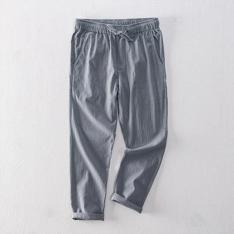 

Spring Summer New Simple Tethered Pure Color Casual Pants Men's Pure Cotton Loose Straight Trousers Nine-Point Pants L8106