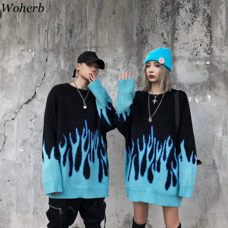 Woherb Autumn Winter Harajuku Flame Knitting Sweater Casual Women Man Unisex Pullovers Hip Hop High Streetwear Jumper | Женская одежда