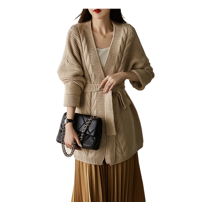 Женский шерстяной длинный кардиган плотный теплый свитер из грубой шерсти