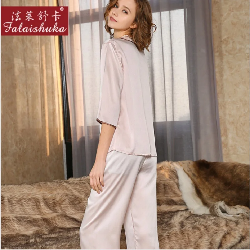 100% Silk Stain Pajamas Set Women Summer 2020 Pink Sexy Calf- Length sleepwear sets night wear homewear tops and pants set