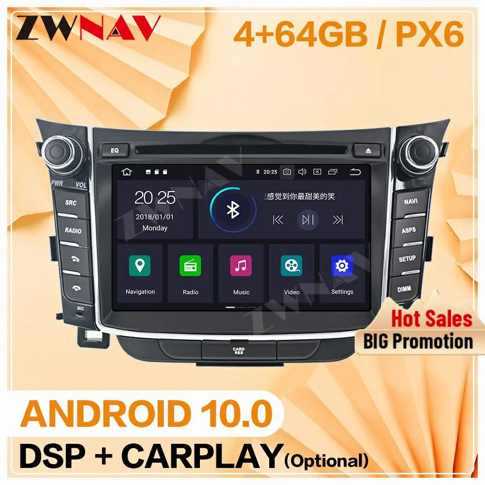 Автомобильный мультимедийный DVD плеер 4 + 64 ГБ Android 10 0 GPS навигатор для Hyundai I30 Elantra GT