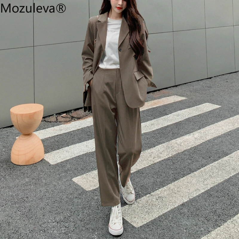 Mozuleva 2020 Notch Collar Single-button Women Slim OL Blazer&ampHigh Waist Pockets Straight Suit Pants Two Pieces Business Suits | Женская