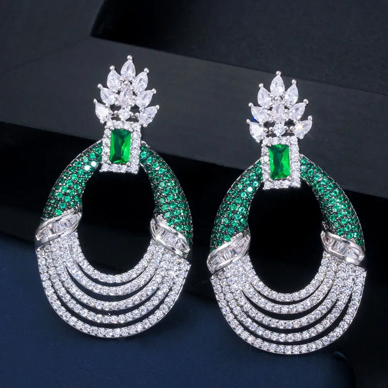 Green CWWZircons дизайнерские микро Pave CZ зеленый синий сапфир серебро Длинные круглые Висячие роскошные свадебные серьги для женщин CZ602 - Цвет камня: Green