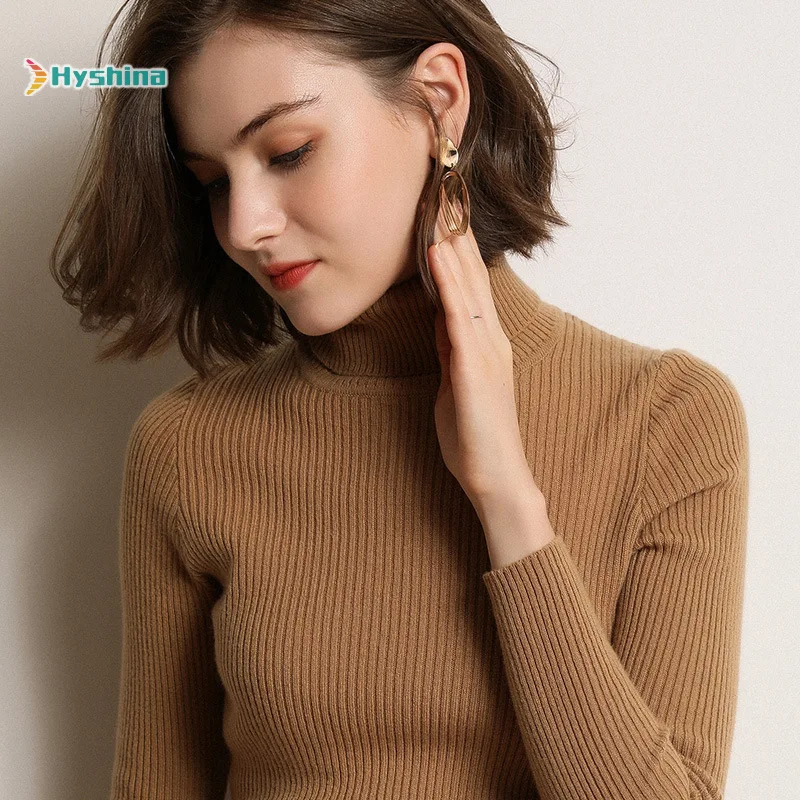 

Women's long sweater with high collar and bottom bottom is slim
