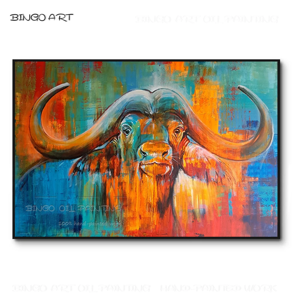 Модное настенное Искусство Ручная роспись животных буйвол масляная живопись на