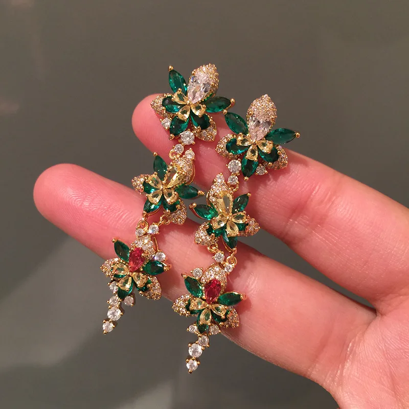 

Trendy Luxury Temperament Colored Flowers Zircon Long Drop Earrings For Women Wedding Fashion Jewelry Gifts
