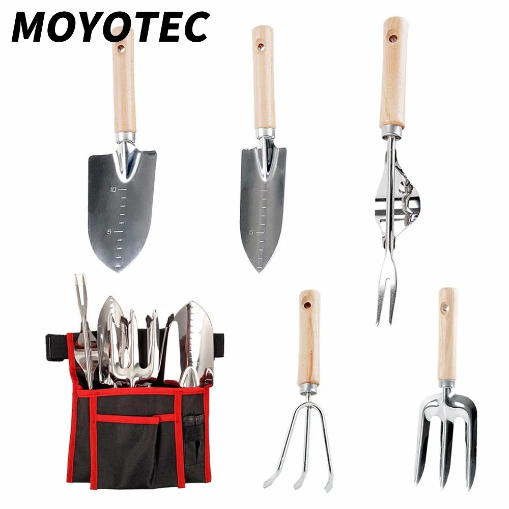 

Набор садовых инструментов MOYOTEC, 5 предметов из нержавеющей стали, комплект для садоводства повышенной прочности с деревянной ручкой и сумк...
