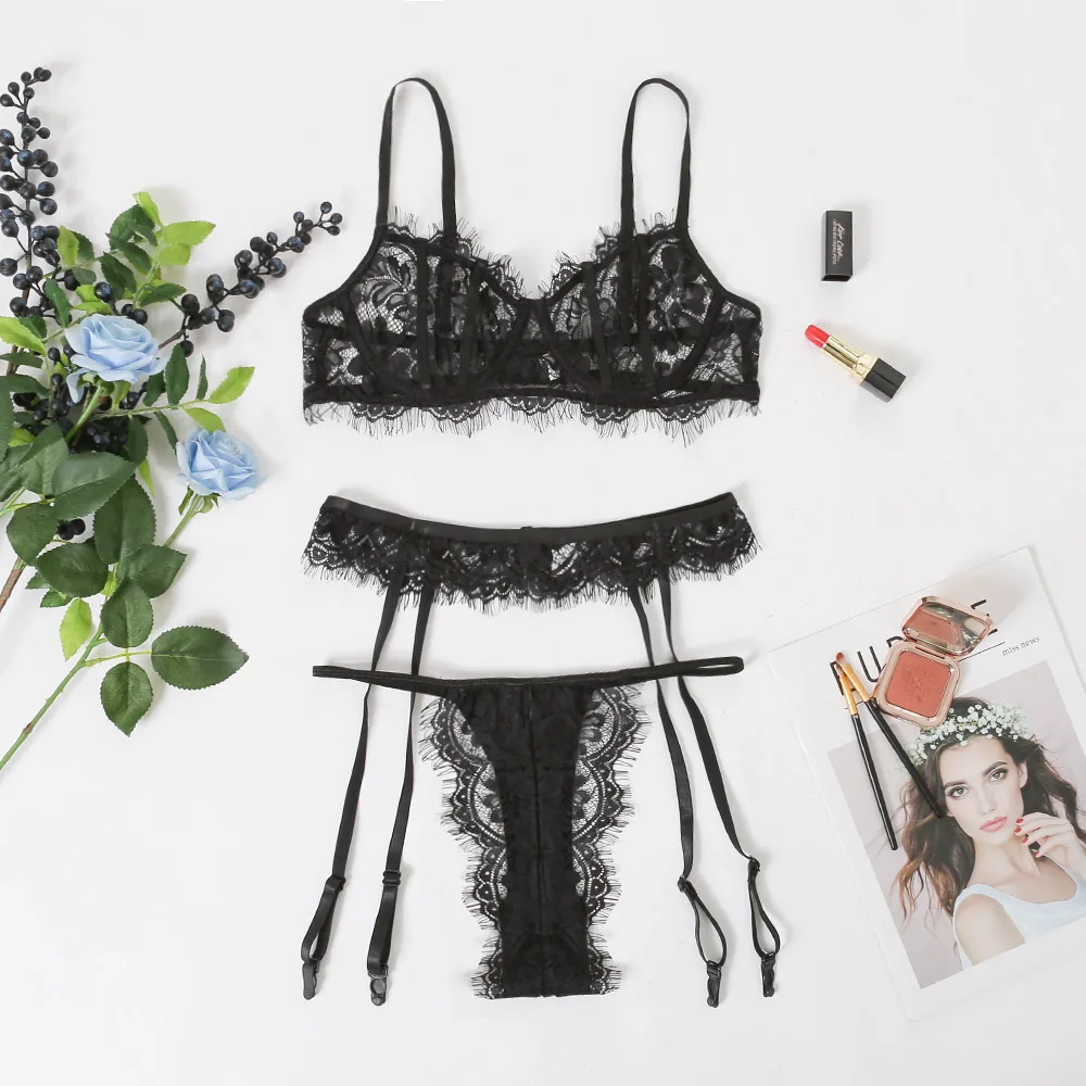 

FVIAD Perspective Sexy Lingerie Womens Erotic Lace Intimate Underwear Suit Push Up Gather Bra Briefs Garters Set With Underwire