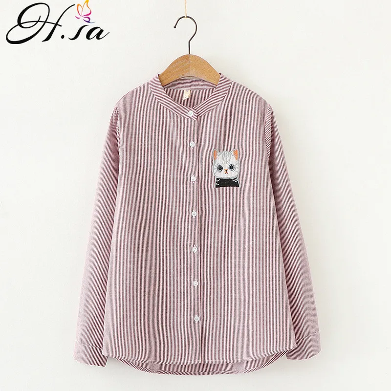 

Hsa womens tops and blouses Long Sleeve Cartoon Cat Embroidery Blue Pink Striped Blouses and Shirts Vintage Button Spring Tops