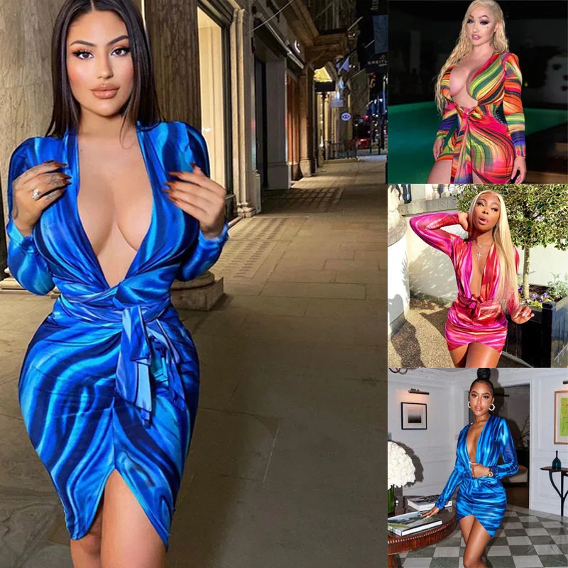 

European and American Women's 2021 New Autumn Fashion Print V-Neck Lace Long-Sleeved slim sexy dress