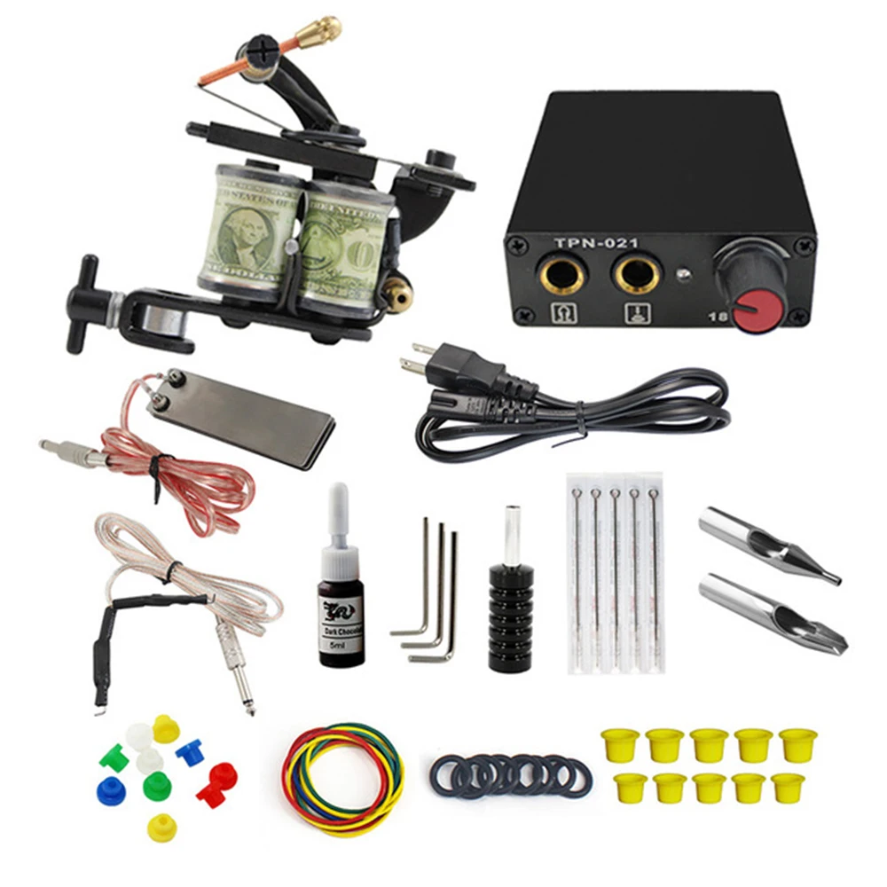 

Complete Tattoo Machine Kit Set 2 Coils Guns 5 Colors Black Pigment Sets Power Tattoo Beginner Grips Kits Permanent Makeup