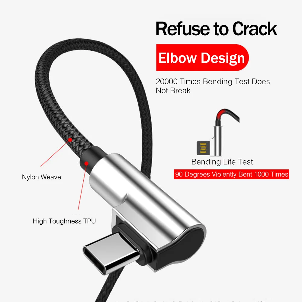 YKZ 90 градусов type C кабель для быстрой зарядки usb type-C передачи данных l-образный