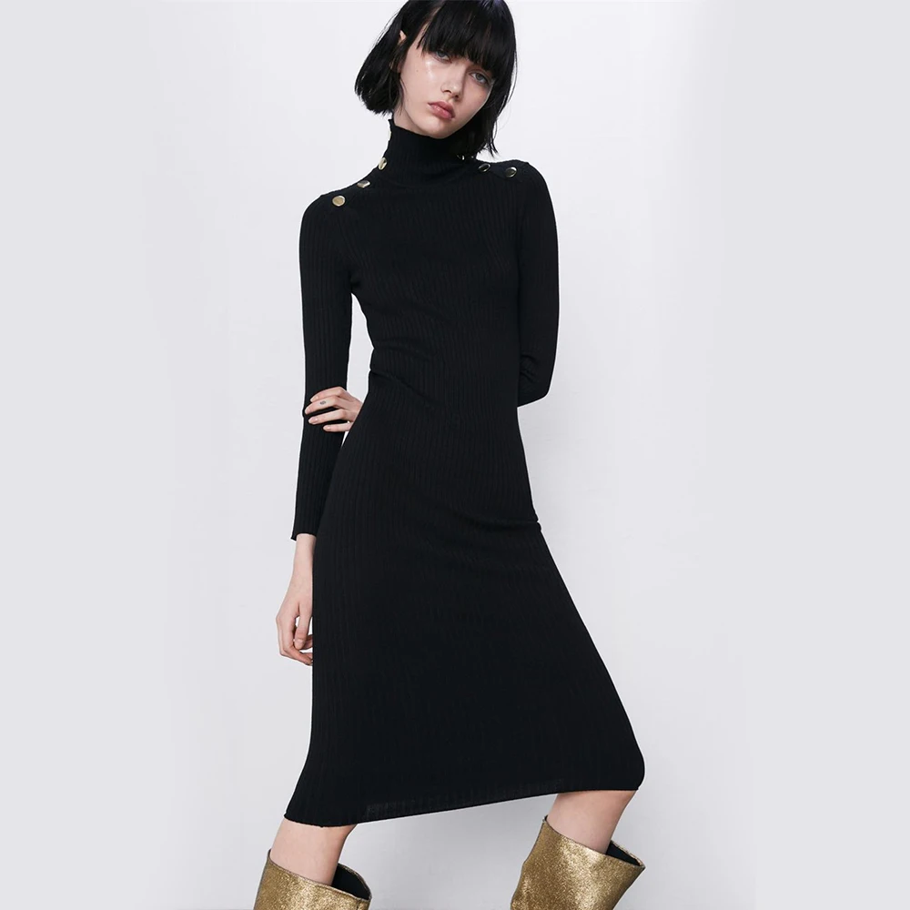 2019 ZA женское Трикотажное Платье До Колена платье на бедрах Осень зима длинный