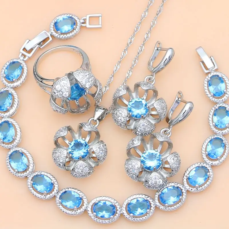 

Hyperbole Blue Crystal 925 Sterling Silver Jewelry Sets For Women Party Earrings/Pendant/Necklace/Rings/Bracelet
