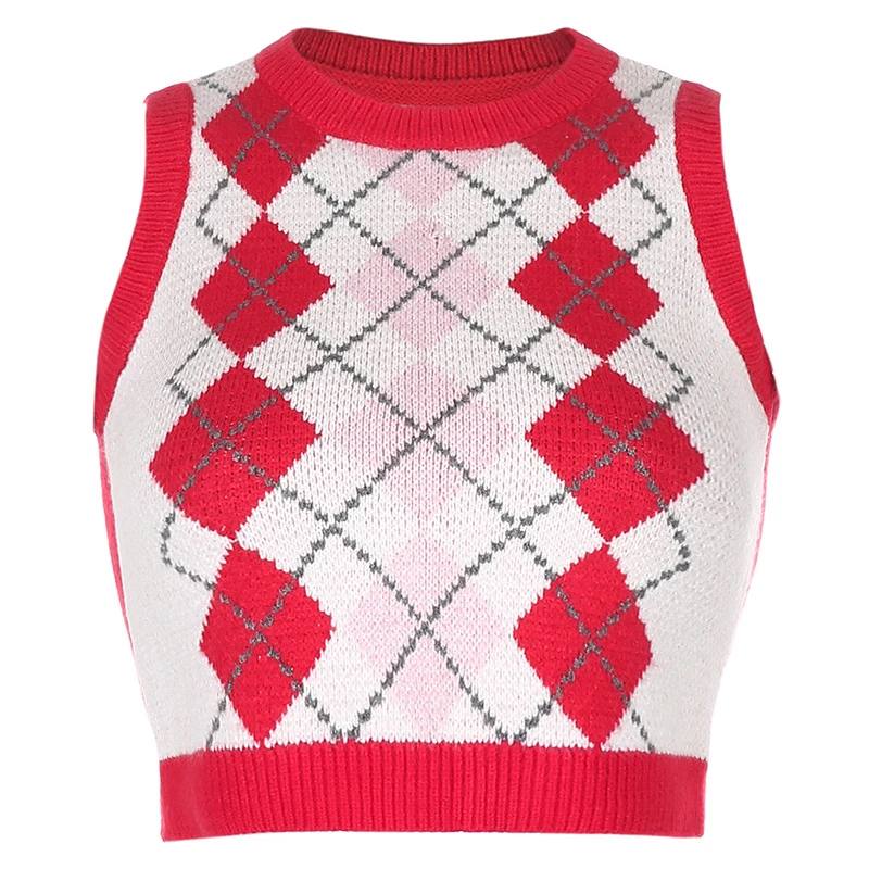 

Kawaii Knit Vintage 2000s Y2K Aesthetic Argyle Crop Top Vest for Women Cute Girls Red O Neck Pullover Cropped Y2K Sweater Vests