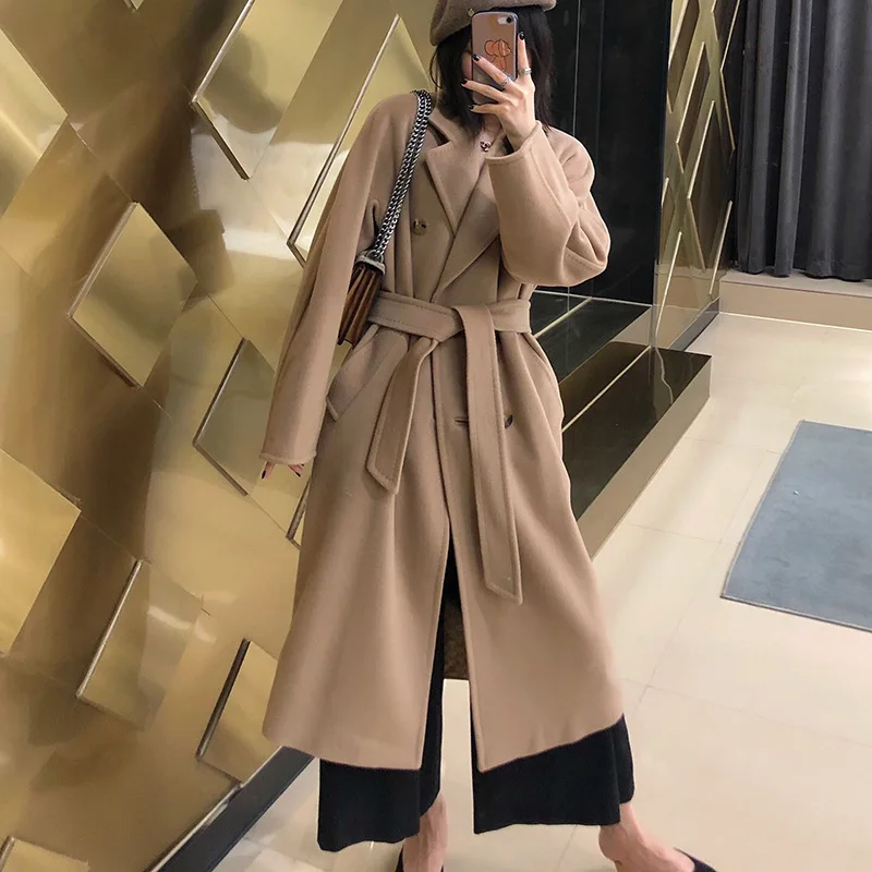 Winter Korean Popular High-end Water Corrugated Woolen Overcoat 2021 Fashion Long Bathrobe Style 100% Wool Jacket Coat Women