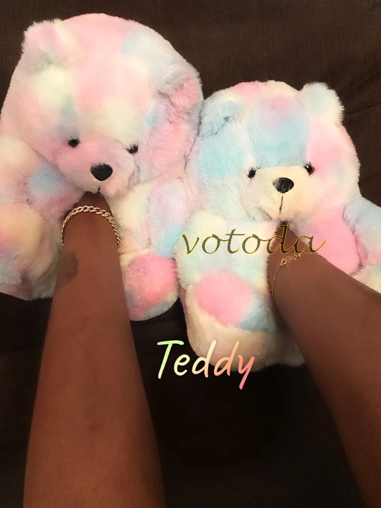 Teddy Bear Slippers Women Cute Cartoon Slides Furry Warm Soft Shoes Home Non-slip Cotton Flip Flops Rainbow Teddies Bear Slipper best house slippers