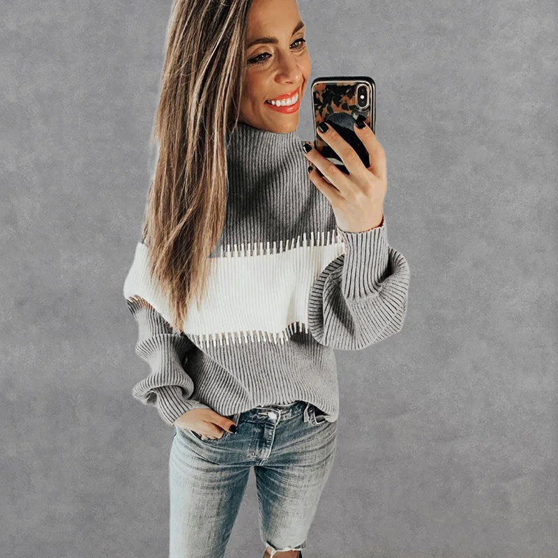 Женский пуловер с рукавами-фонариками Fitshinling вязаный облегающий свитер высоким