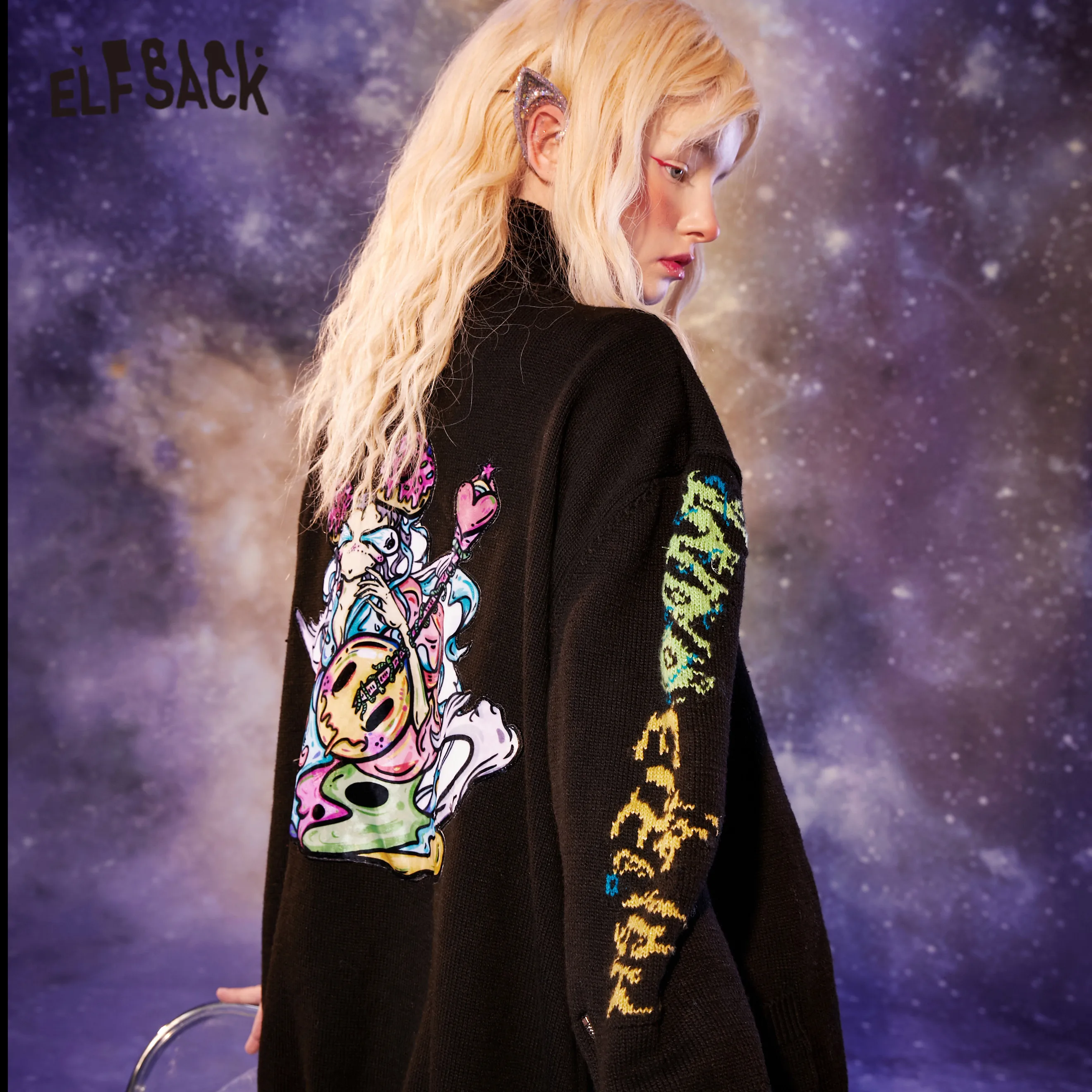 ELFSACK Harajuku Graphic Applique Women Knit Pullover Sweaters,2021 Winter Colorblock Vintage Full Sleeve,Casual Girly Daily Top