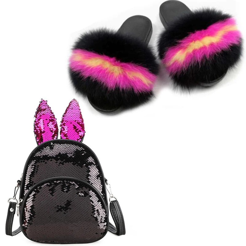 

Baby Girls Slippers Fox Fur Slippers Cute Sequins Baby Shoulder Bag Fluffy Fur Slippers Backpack Plush Shoes Bags Set Sandals