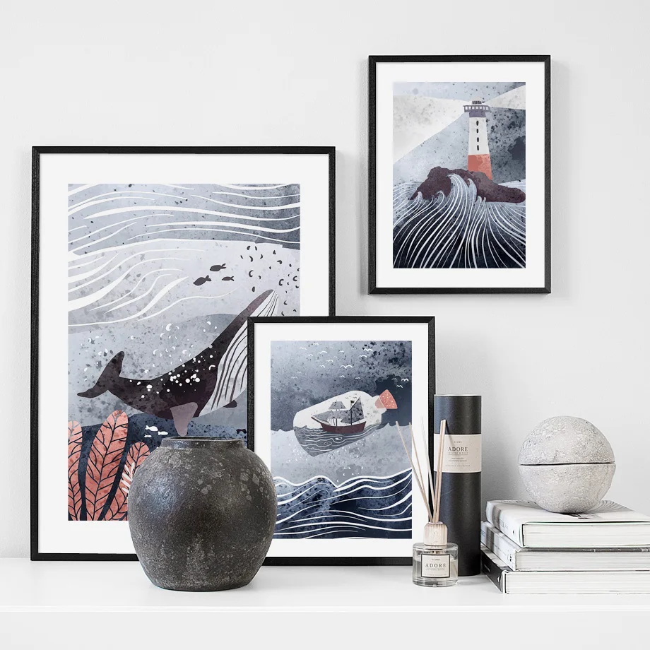 

Whale Lighthouse Drifting Bottle Wall Art Canvas Painting Nordic Abstract Sea Landscape Poster Interior Home Decor Pictures