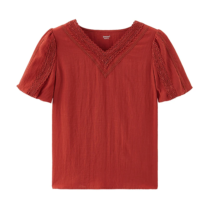 

INMAN Classic Lady Blouse Elegant Pretty Weave Hollow Out Decoration V Collar Bubble Lantern Sleeve Tops