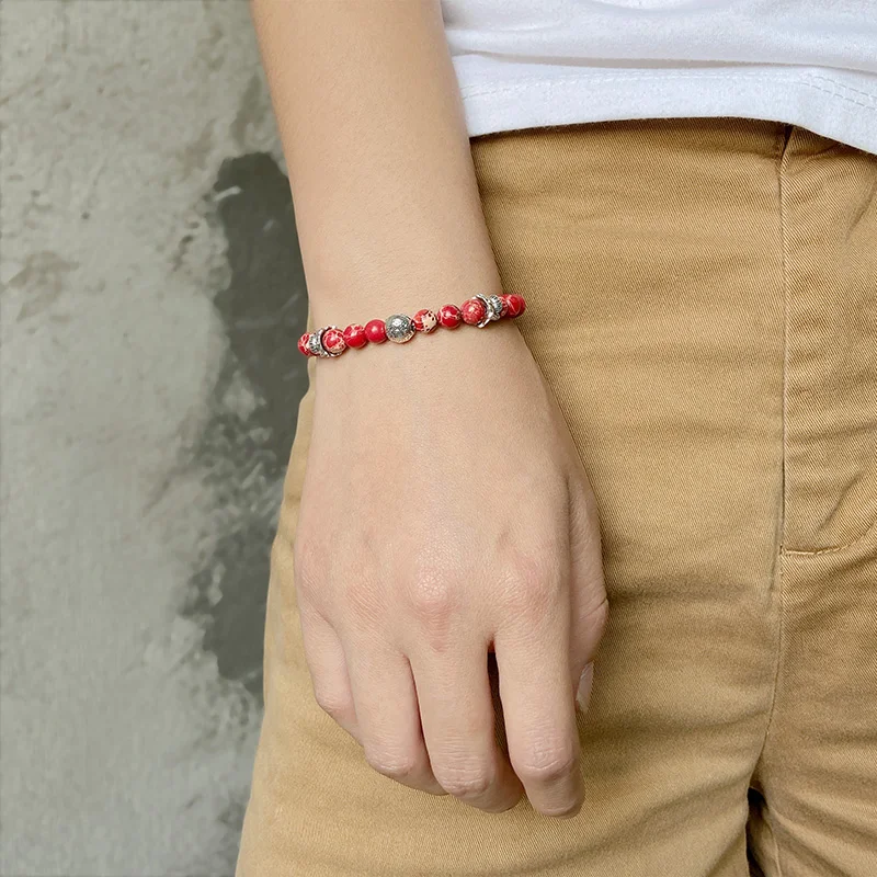 

6MM Beaded Bracelet Alloy Ball Charm 6 Color Imperial jaspers Strand Beads Bangles For Women Men Vintage Ethinc Bracelet Jewelry