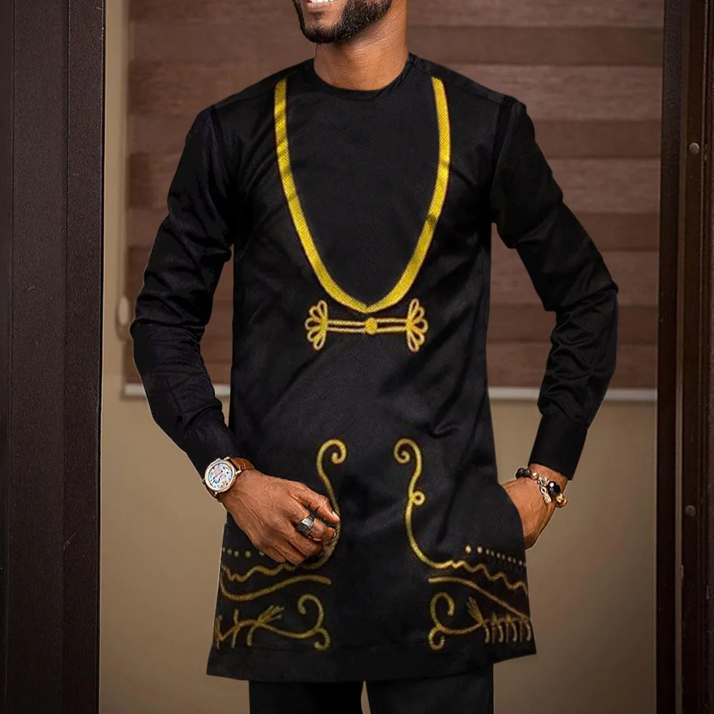 

African men's summer print casual fashion ethnic style long-sleeved round neck Dashik long shirt