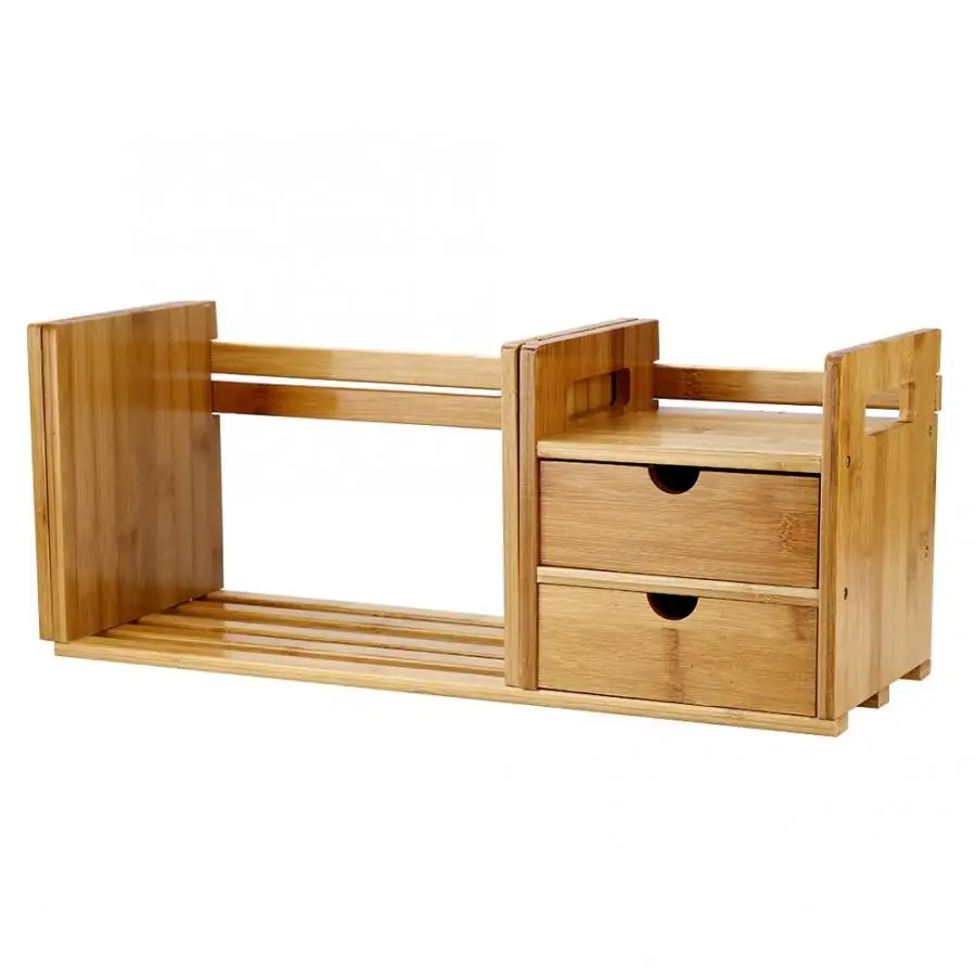 Bamboo Wood Extendable Desk Tabletop Book Rack Bookshelves Bookcase Organizer with 2 Drawer High Quality |