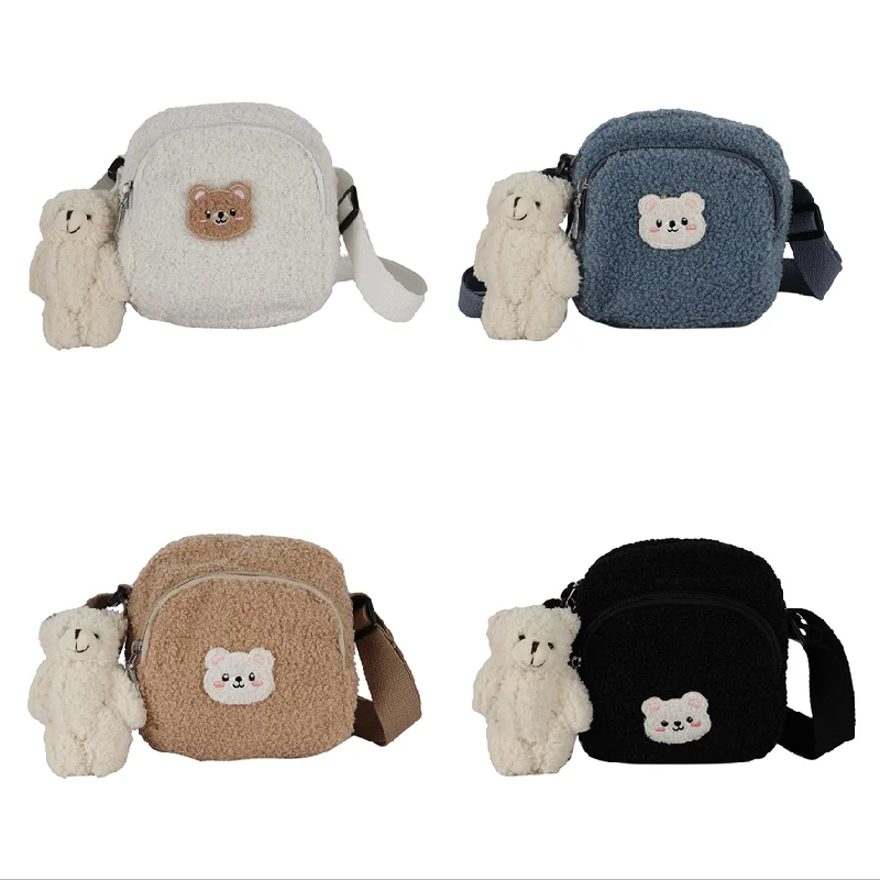 2022 new cute bear messenger bag women plush mobile phone bag girls small shoulder bag free global shipping