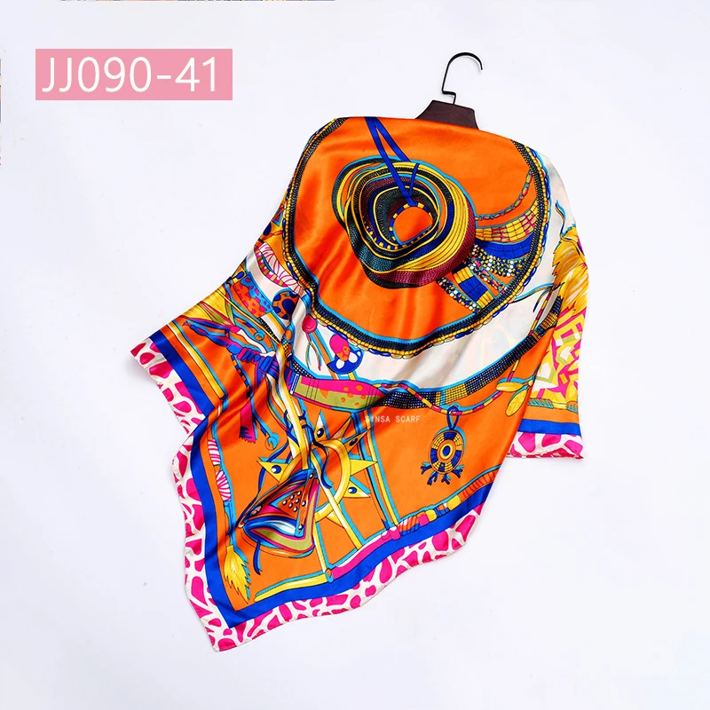 JJ090-41 90*90 см квадратный шарф для женщин, подходит ко всему, элегантные цветочные шарфы для волос, Женская бандана, весна-осень, атласные шелковые шарфы, шаль - Цвет: JJ090-41