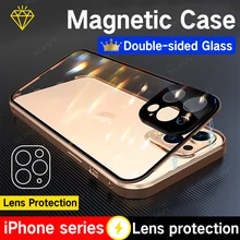 Double Sided Glass Magnetic Metal Phone Case for IPhone 13 12 11 Mini Pro Max XS Max XR with Camera Lens Protection Magnet Cover