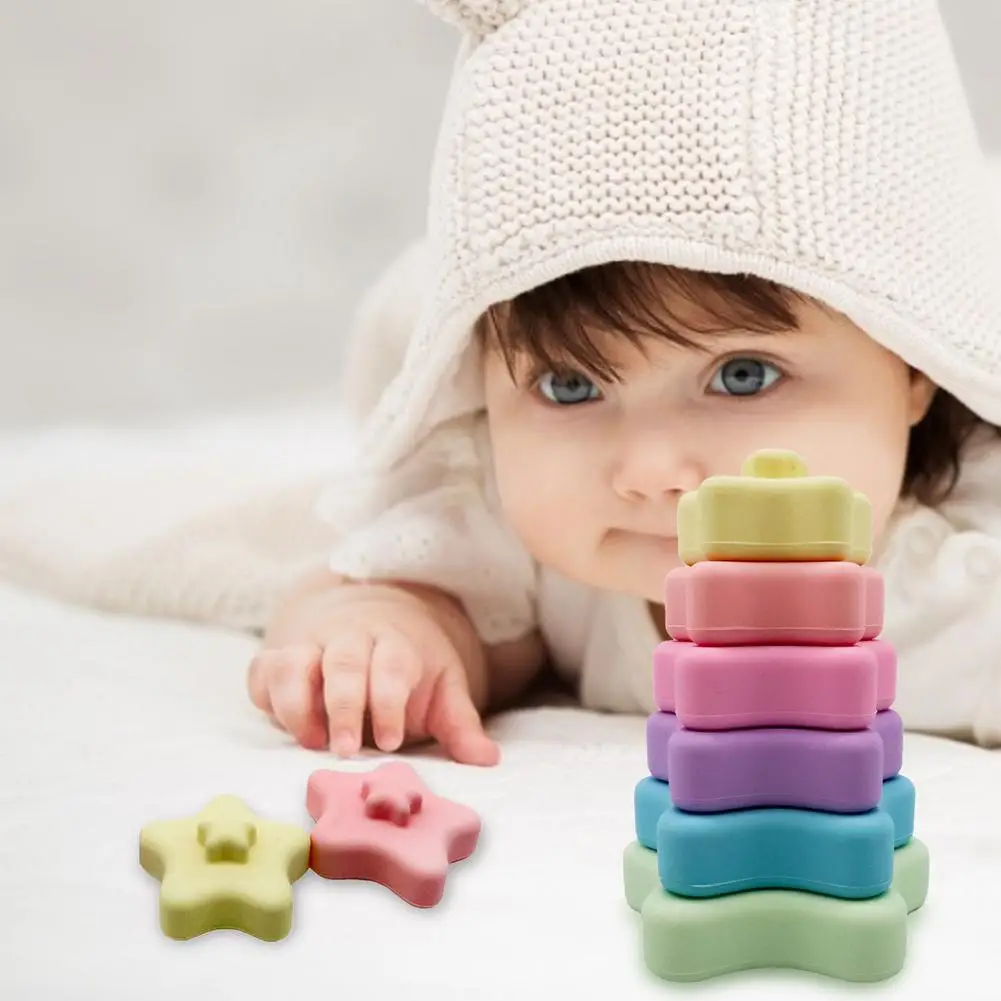 

Baby Toy Safety Edible Folding Tower Star Heart Rubber 3D Stacking Toy Building Blocks Silicone Teether Educational Toys