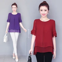 womens summer 2022 new arrival loose size pure color chiffon shirt short sleeve mid length summer casual blouse chiffon top