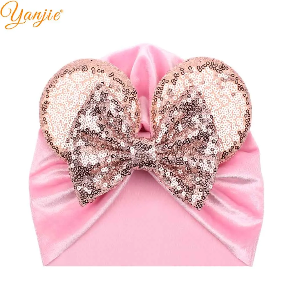 Turban-4 5 ''большой бантик для волос с пайетками уши Минни-Маус зимняя повязка на голову для девочек блестящая эластичная бархатная повязка на голову Детские аксессуары для волос - Цвет: Turban-4