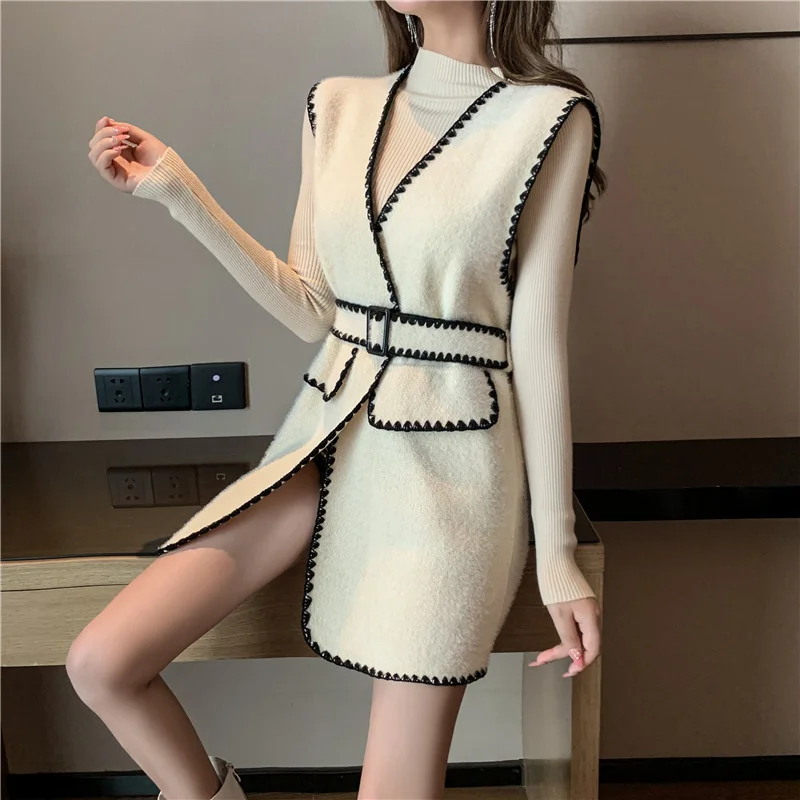 

2020 autumn and winter temperament small fragrance waist thin woolen vest two-piece suit dress