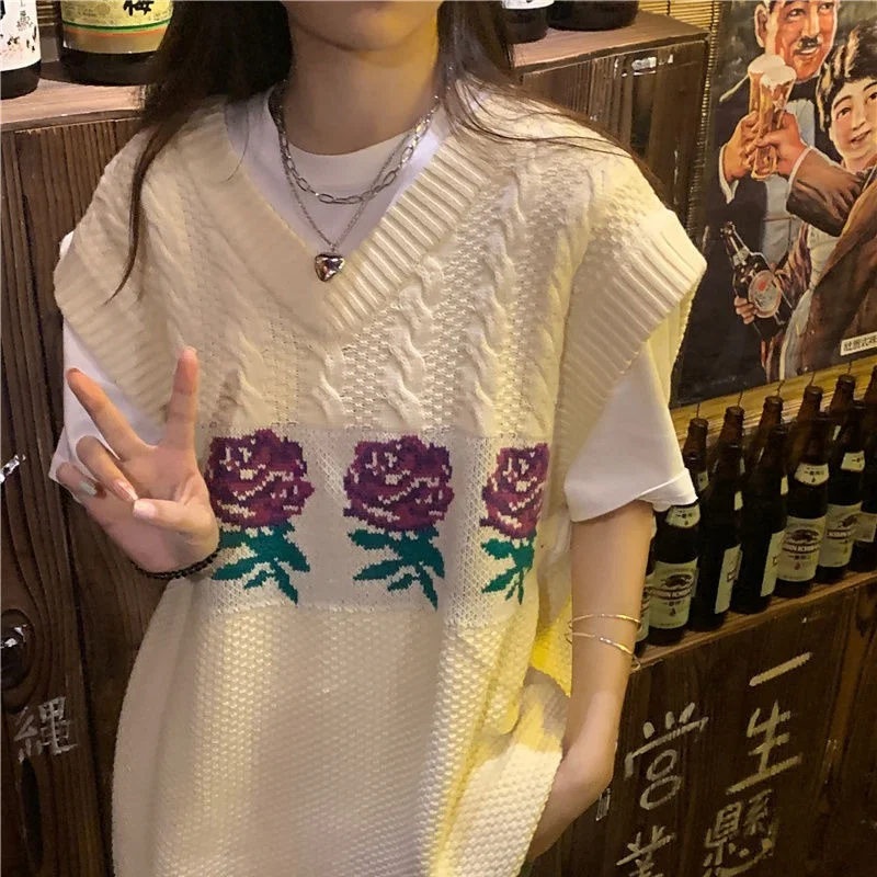 

Deeptown Korean Style Flower Print Knitting Vest Women Harajuku Sleeveless V-neck Oversized Pullover Sweater Female Winter Tops