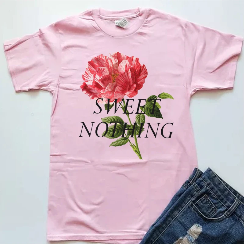 

Sweet Nothing Flower Printed Femlae Casual Tshirt Short Sleeve Cotton Aesthetic Tees Loose Vintage Women Graphic Tops Shirts