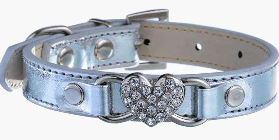 Мода ошейники для собак Малый Товары для собак Bling Стразы сердце кожаный ошейник Pet щенок кошка Средства ухода за кожей шеи ремень 6 Цвета поставки все для собак - Цвет: Серебристый