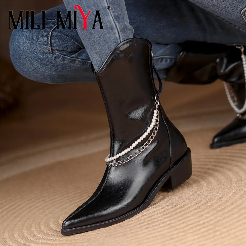 

MILI-MIYA Top Quality Autumn Winter Pearl Decoration Metal Chain Ankle Boots 2021 New Pointed Toe Ladies Chic Zipper Dress Shoes