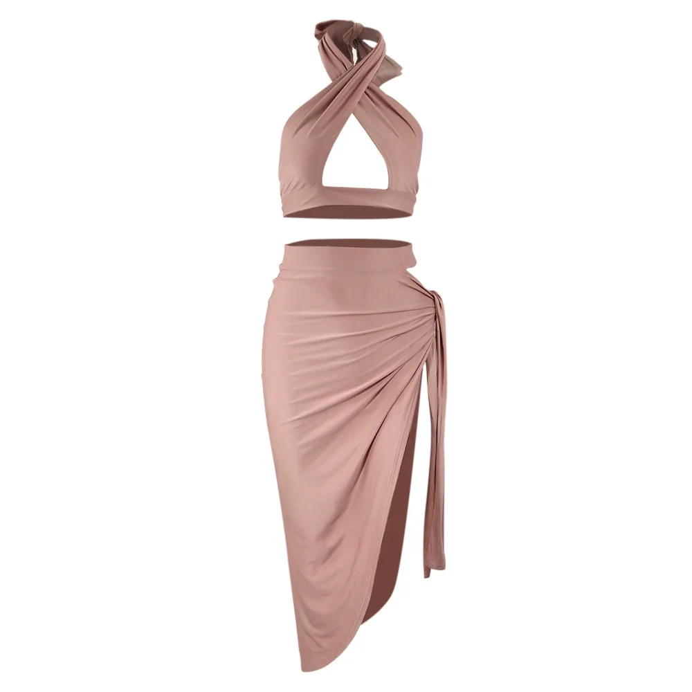 

Women Skirt Set Halter Hollow Out Irregular Sexy Dress Women Nightclub Fashion Solid Color Skirt Set Two Piece Outfits Donsignet